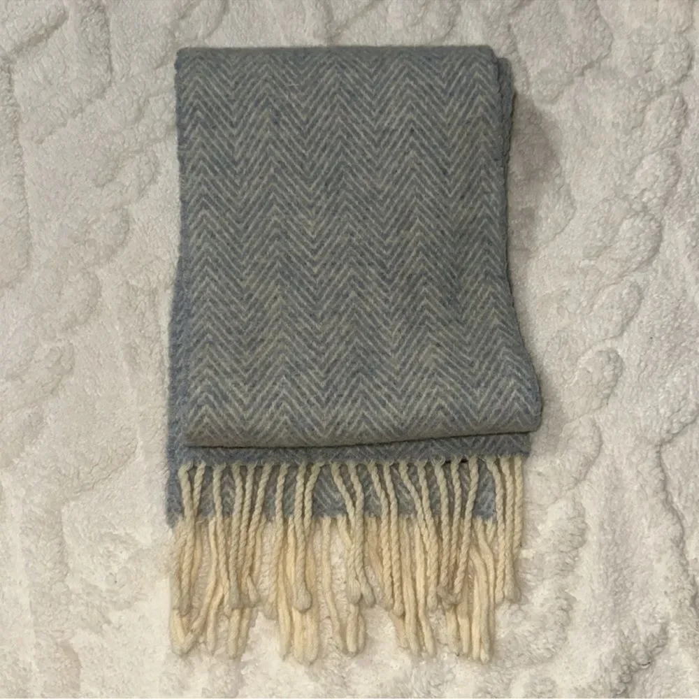 LRL Blue Beige Classic Zigzag Knit Lambs Wool Scarf